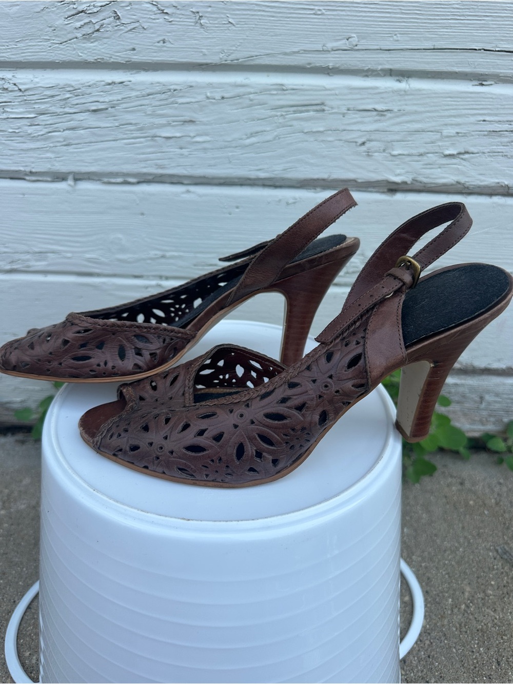 Women's Brown Laser-Cut Slingback Heels